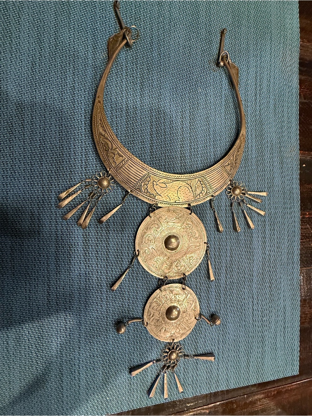 Vintage Hmong Mia Tribal TORQE Necklace Crescent Rabbit Lotus